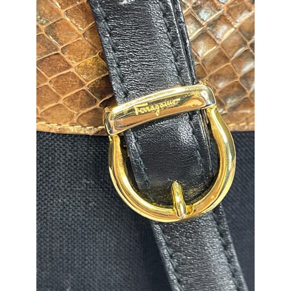 Salvatore Ferragamo Black Linen Canvas Bucket Bag With Snakeskin Embossed Trim - Picture 5 of 11